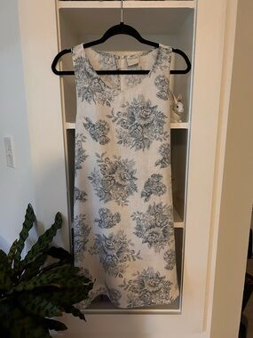 Rachel Zoe 100% Linen Toile Floral Shift Dress Blue White Sleeveless Classic